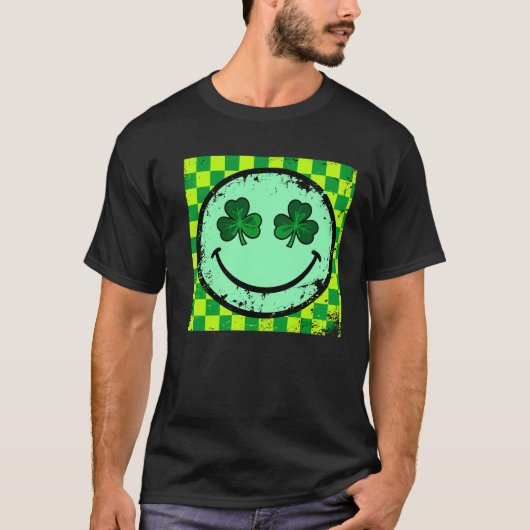 Vintage Retro Shamrock Smiley Face Graphic Tシャツ (正面)