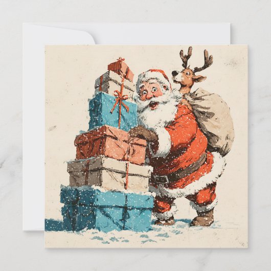 Vintage Retro Simple Reindeer Santa Claus シーズンカード (正面)