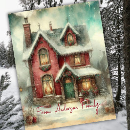 Vintage Retro Winter Snow House Christmas Holidays ポストカード