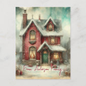 Vintage Retro Winter Snow House Christmas Holidays ポストカード (正面)