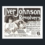 Vintage Revolver Ad Don't Try This At Home ポスター<br><div class="desc">Vintage retro gun advertisement circa 1900 for Iver Johnson Revolvers.  Nostalgic collectible Advertising picture features safety features for children. A little girl plays in her bed with her doll and her daddy's gun.</div>