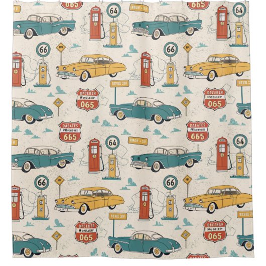 Vintage Road Trip Pattern (1) シャワーカーテン (正面)