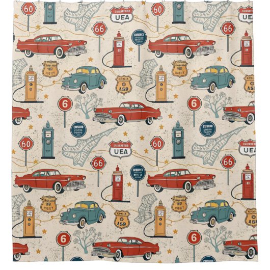 Vintage Road Trip Pattern (2) シャワーカーテン (正面)