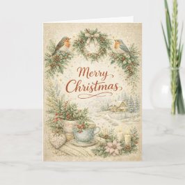 Vintage Robin Wreath Merry Christmas  シーズンカード