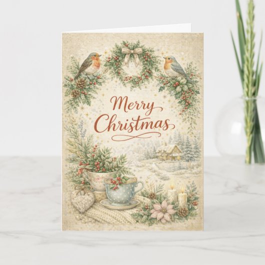 Vintage Robin Wreath Merry Christmas  シーズンカード (正面)