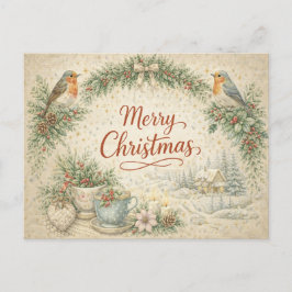 Vintage Robin Wreath Merry Christmas  シーズンポストカード