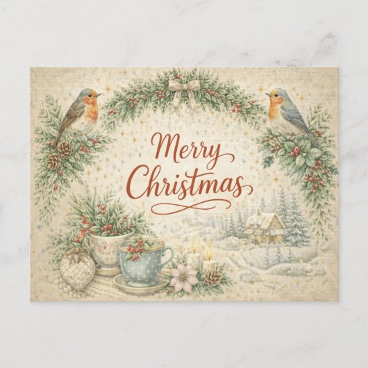 Vintage Robin Wreath Merry Christmas  シーズンポストカード (正面)