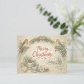 Vintage Robin Wreath Merry Christmas  シーズンポストカード (スタンド正面)