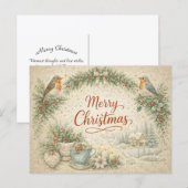 Vintage Robin Wreath Merry Christmas  シーズンポストカード (正面/裏面)