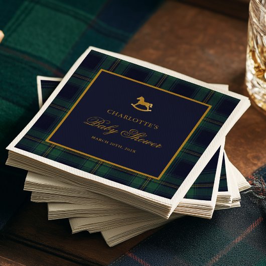 Vintage Rocking Horse Plaid Baby Shower スタンダードカクテルナプキン