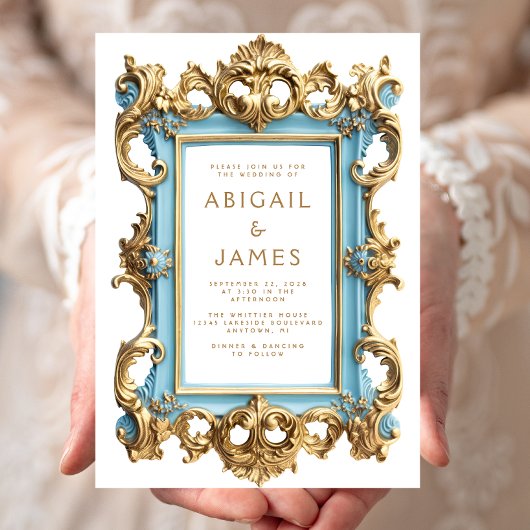 Vintage Rococo Blue Gold Frame Wedding Invitation 招待状