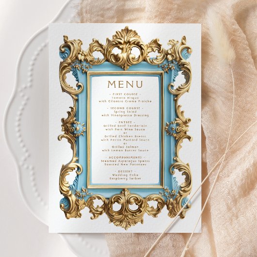 Vintage Rococo Frame Blue Gold Wedding Menu メニュー