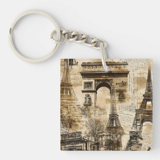 Vintage Romantic Paris France Eiffel Tower  キーホルダー (正面)