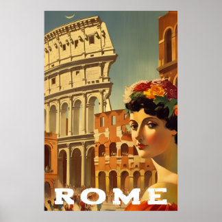Vintage Rome Italy Travel Colosseum Lady ポスター