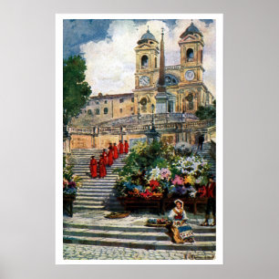 Vintage Rome watercolor Trinita dei Monti ポスター