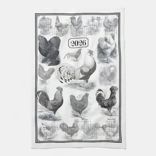 Vintage Rooster 2026 Calendar キッチンタオル (縦)