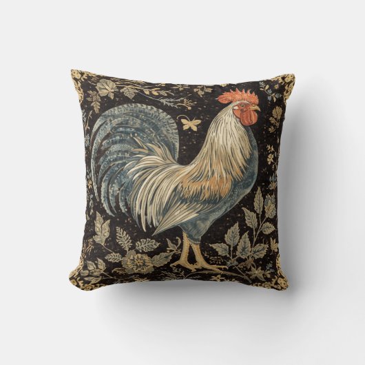 Vintage Rooster, Florals Pattern,Black Background クッション (正面)