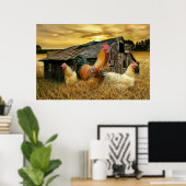 Vintage Rooster Hens Rustic Barn Coop ポスター (ホームオフィス)