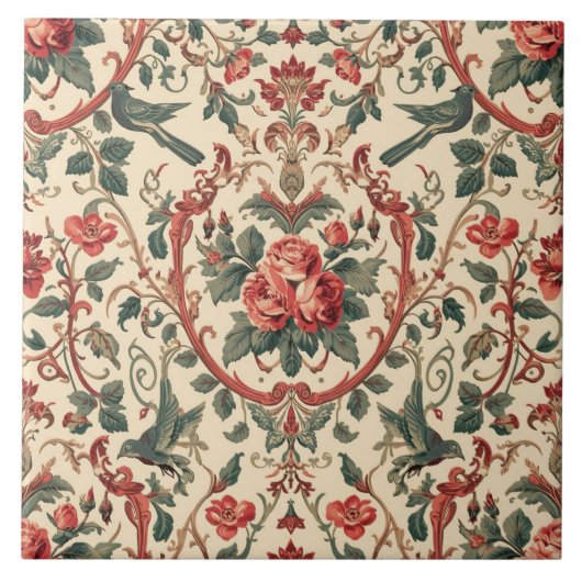 Vintage Rose & Bird Pattern Romantic Art Nouveau タイル (正面)