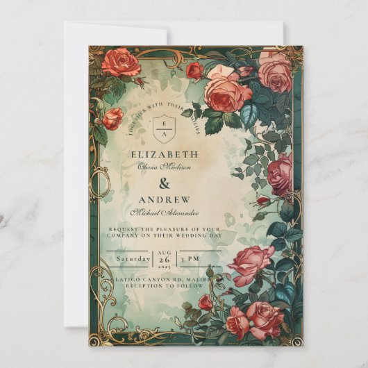 Vintage Rose Frame Botanical Wedding 招待状 (正面)