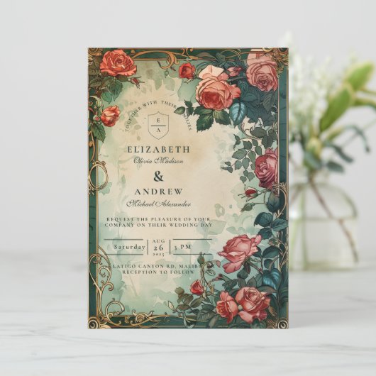 Vintage Rose Frame Botanical Wedding 招待状 (スタンド正面)