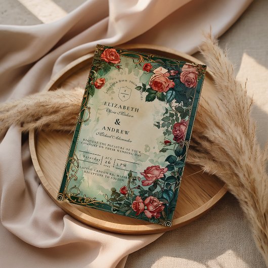 Vintage Rose Frame Botanical Wedding 招待状