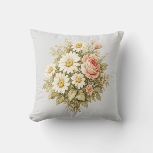 Vintage Roses & Daisies Floral Bouquet  クッション (正面)