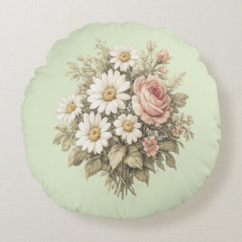 Vintage Roses & Daisies Floral Bouquet  Throw Pill ラウンドクッション