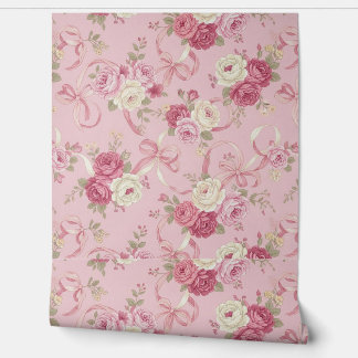 Vintage Roses & Ribbon Bows on Blush Pink Design 壁紙