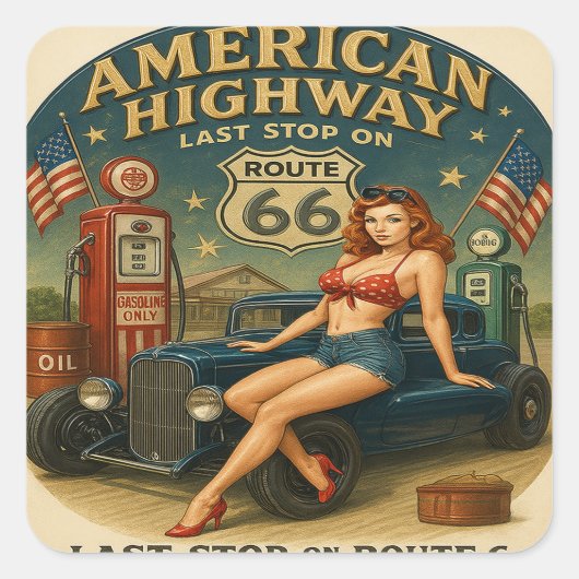 Vintage Route 66 American Highway スクエアシール (正面)
