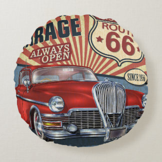 Vintage Route 66 Garage retro poster with retro ca ラウンドクッション