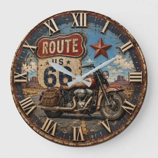 Vintage Route 66 Motorcycle ラージ壁時計 (正面)