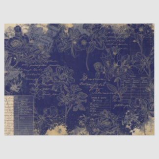 Vintage Royal Blue Hand drawn Floral Decoupage 薄葉紙