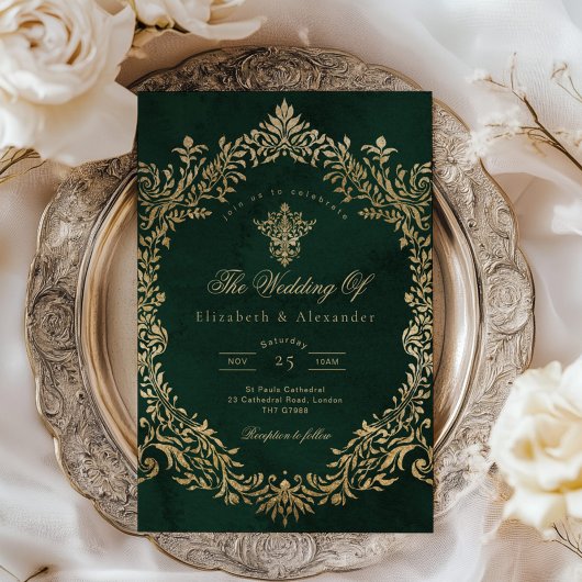 Vintage Royal Emerald Gold Wedding 招待状