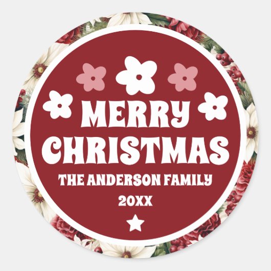 Vintage Rustic Christmas Flowers leaves  ラウンドシール (正面)