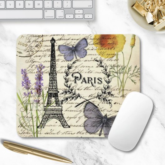 vintage rustic french butterfly paris eiffel tower マウスパッド