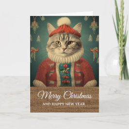 Vintage Rustic Funny Cat in Costume Christmas  カード