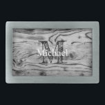 Vintage rustic gray black burnt wood Monogram 長方形ベルトバックル<br><div class="desc">Monogram in black and white that you can personalize with your custom initial and name. Photo of light and dark black and white wood grain with cool burnt vintage rustic elegant look. Present ideas for men, carpenter, wood worker, handy man... rustic, wood, old, rough, vintage, abstract, grunge, weathered, wooden, pattern,...</div>