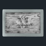 Vintage rustic gray black burnt wood Monogram 長方形ベルトバックル<br><div class="desc">Monogram in black and white that you can personalize with your custom initial and name. Photo of light and dark black and white wood grain with cool burnt vintage rustic elegant look. Present ideas for men, carpenter, wood worker, handy man... rustic, wood, old, rough, vintage, abstract, grunge, weathered, wooden, pattern,...</div>