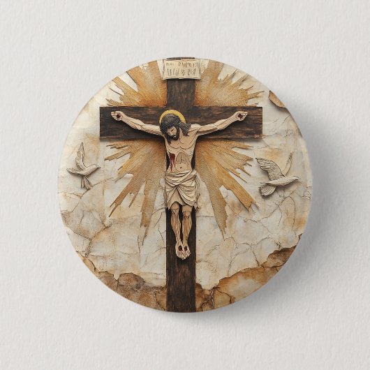 Vintage Rustic Jesus on the Cross 缶バッジ (正面)