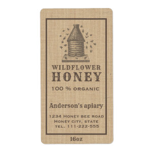 Vintage rustic linen beehive honey jar label ラベル