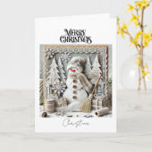 Vintage Rustic Merry Christmas Snowman  カード (黄色い花)