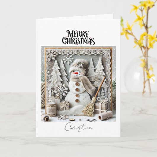 Vintage Rustic Merry Christmas Snowman  カード (黄色い花)
