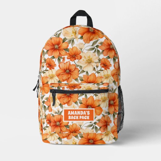 Vintage Rustic Orange Autumn Flowers Pattern プリントバックパック (正面)
