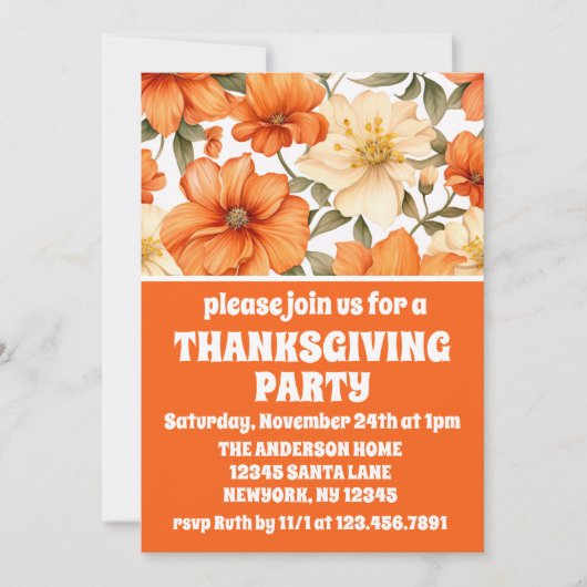 Vintage Rustic Orange Autumn Flowers Thanksgiving 招待状 (正面)