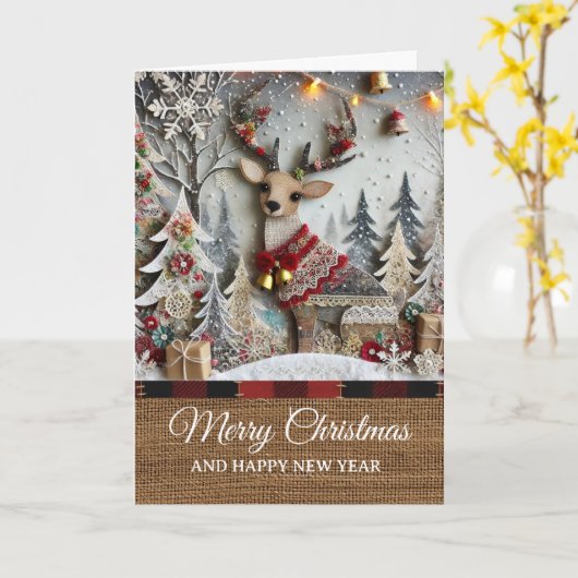 Vintage Rustic Reindeer Merry Christmas  カード (黄色い花)