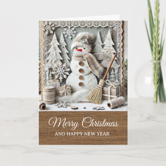 Vintage Rustic Snowman Merry Christmas カード (正面)