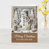 Vintage Rustic Snowman Merry Christmas カード (黄色い花)