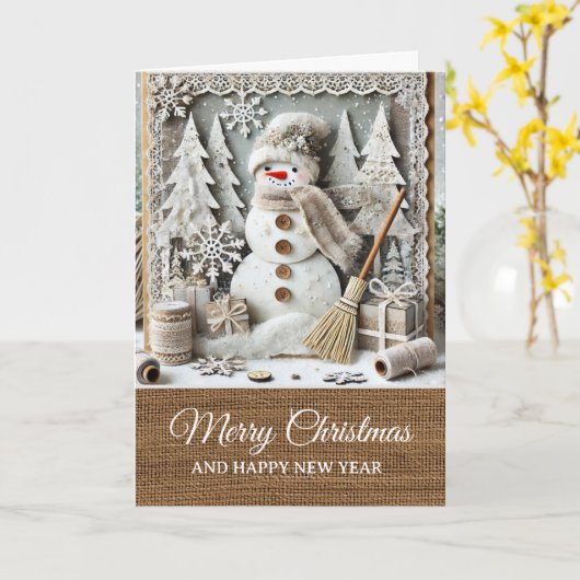 Vintage Rustic Snowman Merry Christmas  カード (黄色い花)
