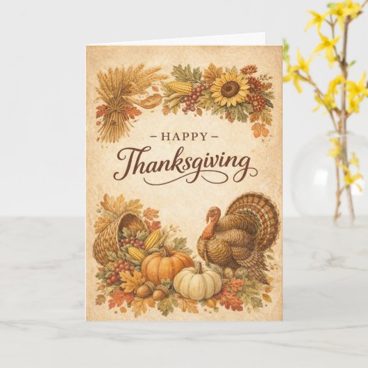 Vintage Rustic Thanksgiving Turkey Harvest  カード (黄色い花)